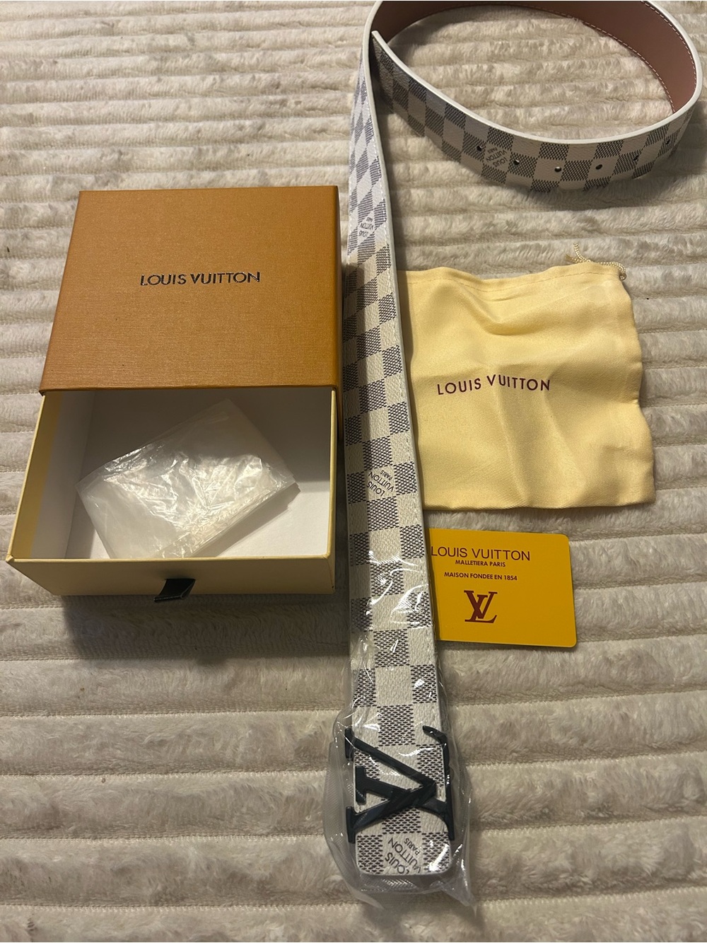 Louis Vuitton White Damier Azur Canvas Belt with Black LV Buckle